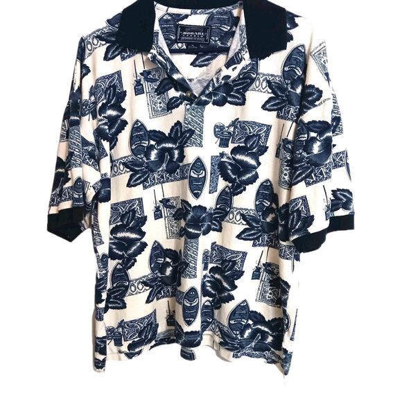Vtg 90's Bogari Studio LX Blue Hawaiian Tribal Print Knit Polo Shirt Italy - Picture 1 of 9